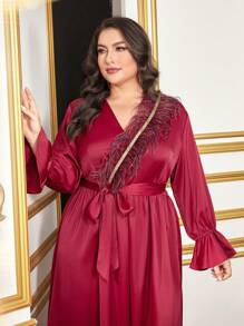 Modelyn 大碼拼接毛茸邊荷葉袖繫腰帶洋裝 - 彩色 - 查看 6