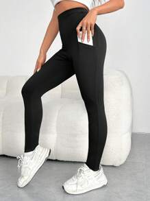 SHEIN EZwear Solid Phone Pocket Side Leggings - Black - View 1