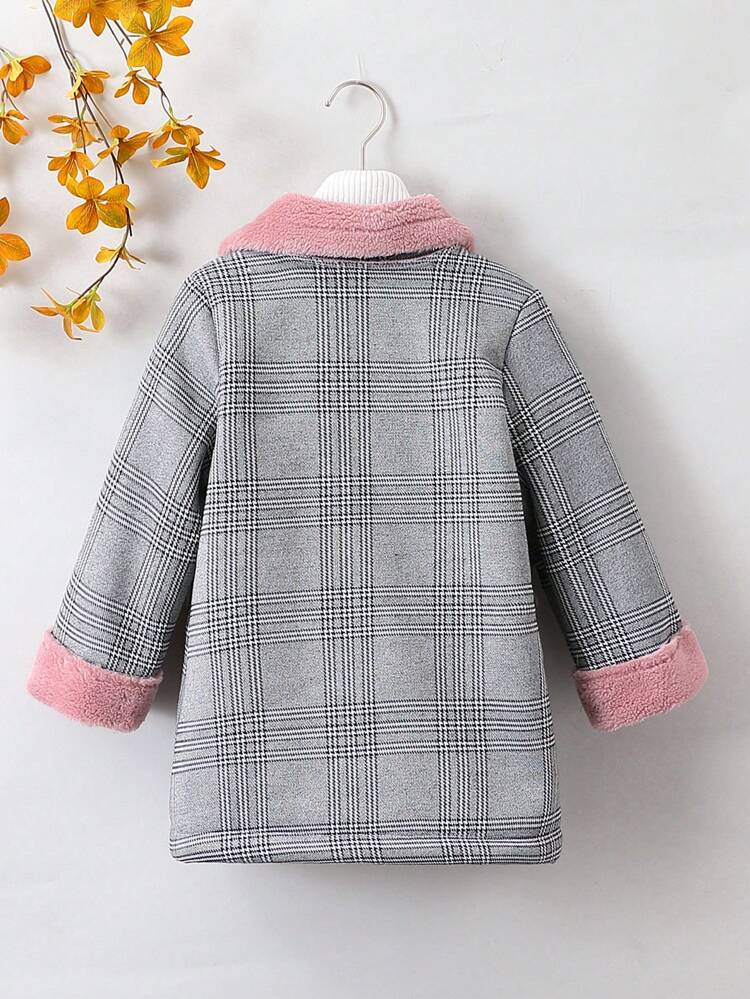 Young Girl 1pc Glen Plaid Dual Pocket Teddy Lined Overcoat