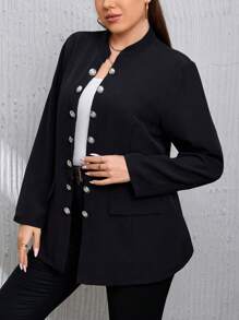 SHEIN Clasi Talla grande Abrigo con botón delantero con diseño de solapa - Negro - Ver 4