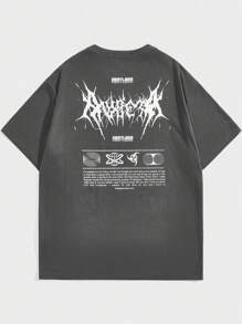 MkngProject ROMWE MEN 男式标语图案 T 恤，学校 - 深灰色 - 查看 2