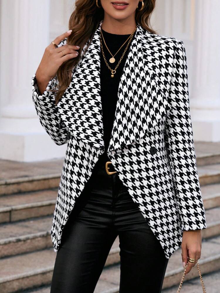 Houndstooth Print Waterfall Collar Overcoat
