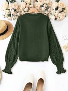 Calvaya Suéter de punto con mangas acampanadas y hombros caídos, suéter de punto de invierno y otoño - Verde Oscuro - Ver 2