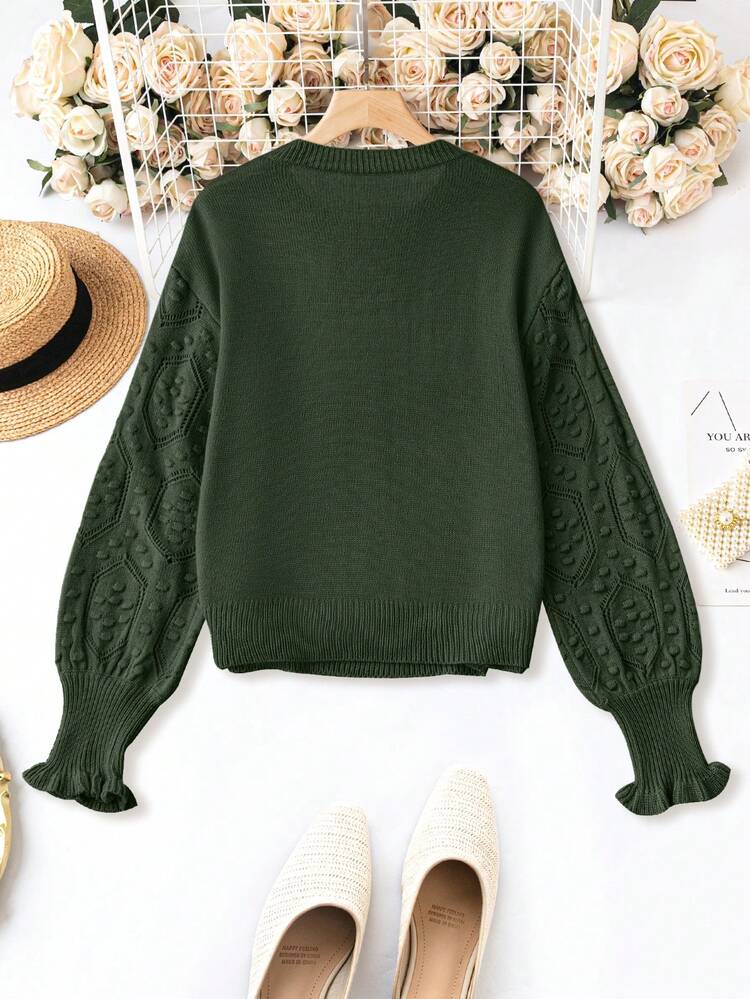 Plus Flare Sleeve Drop Shoulder Popcorn Knit Sweater, Winter Knit Pullover Fall Sweater