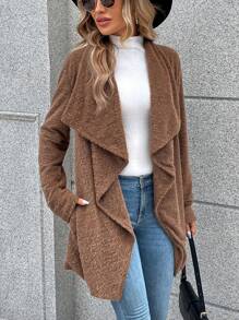 SHEIN LUNE 大翻領開門襟絨毛外套 - 灰色 - 查看 3