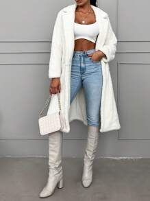 EURMUSE Lapel Neck Single Button Teddy Coat - White - View 3