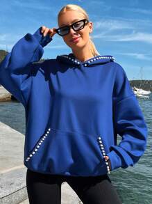 EURMUSE Pearls Beaded Kangaroo Pocket Drop Shoulder Hoodie - Royal Blue - View 5
