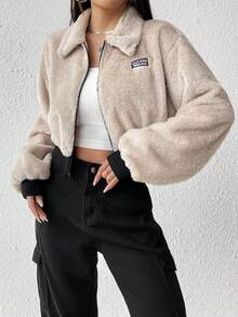 SHEIN EZwear 字母補丁細節落肩袖毛茸茸夾克 - 卡其色 - 查看 3