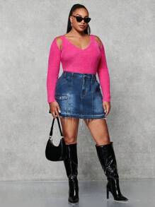 SHEIN BAE Plus Cold Shoulder Sweater - Hot Pink - View 5