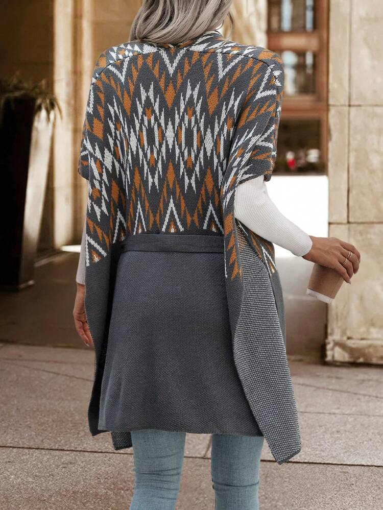 Chevron Pattern Batwing Sleeve Belted Cardigan