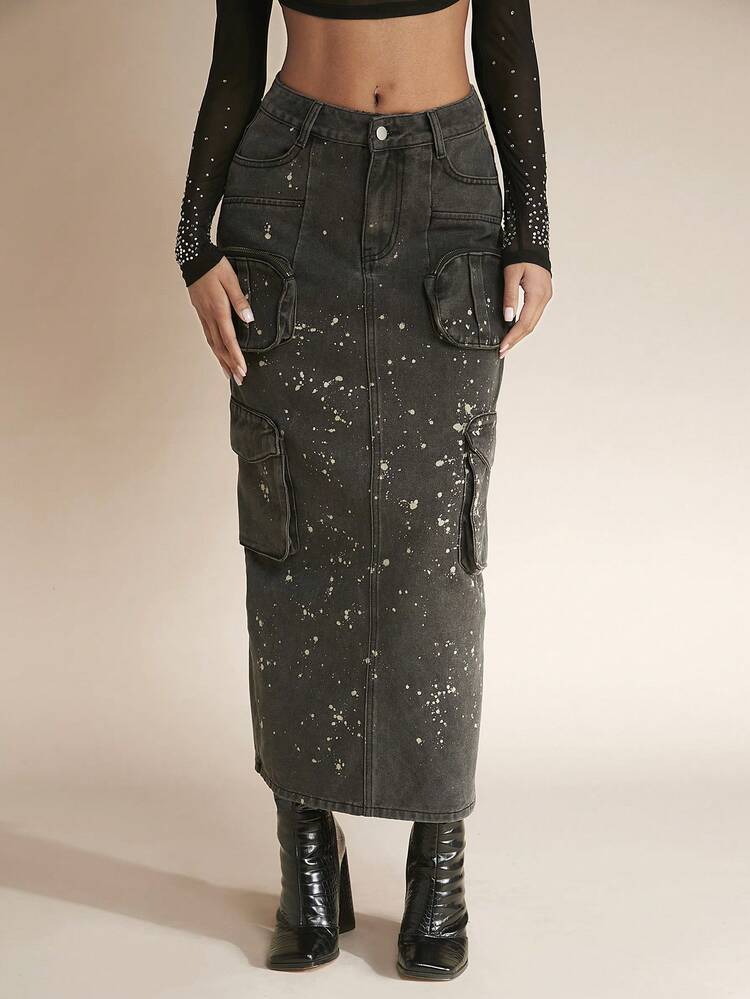 Splash Ink Print Flap Pocket Split Back Denim Skirt