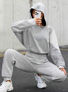 EURMUSE 撞色落肩袖連帽衫和運動褲 - 灰色 - 查看 1