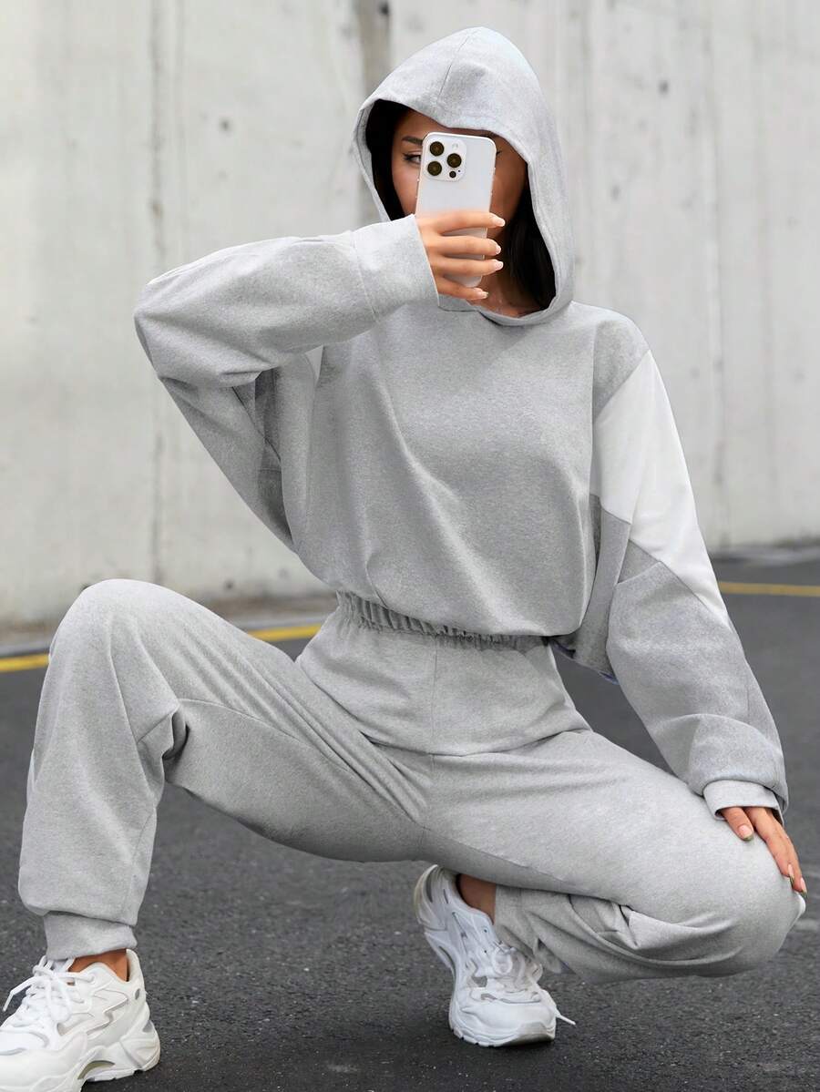 EURMUSE 撞色落肩袖連帽衫和運動褲 - 灰色 - 查看 1
