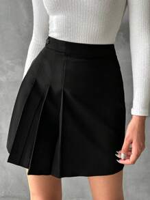 EURMUSE Solid Fold Pleated Detail Skirt - Black - View 1