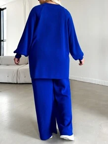 EURMUSE Plus Size Solid Color Raglan Sleeve Sweater And Knitted Pants Set, For Winter - Blue - View 2