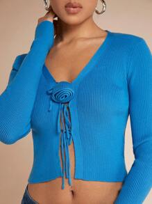 SHEIN BAE Stereo Flower Tie Front Crop Cardigan - Blue - View 6