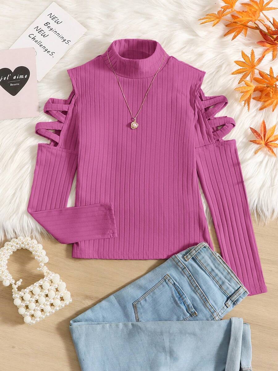 SHEIN Tween Girl Mock Neck Crisscross Cut Out Tee - Red Violet - View 1