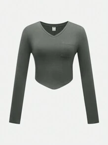 Teen Girl Solid Pocket Patched Asymmetrical Hem Tee - Grey - View 1