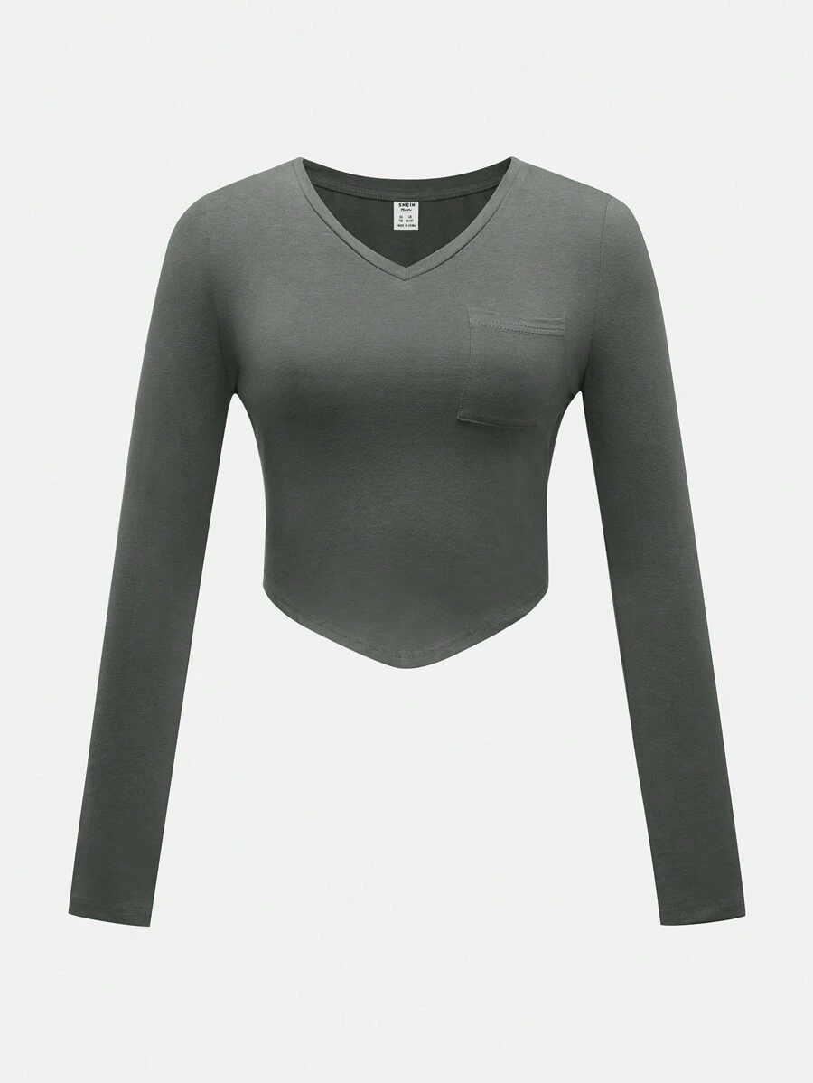 Teen Girl Solid Pocket Patched Asymmetrical Hem Tee - Grey - View 1