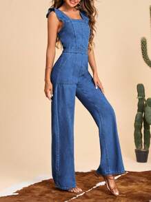 SHEIN Frenchy 荷葉邊闊腿牛仔連身褲