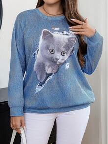 Calvaya Sudadera casual de cuello redondo con estampado de gato de dibujos animados para mujer talla grande en otoño/invierno - Azul - Ver 4