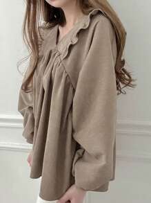 DAZY 纯色荷叶边灯笼袖罩衫、长袖上衣、秋装 - 卡其色 - 查看 2