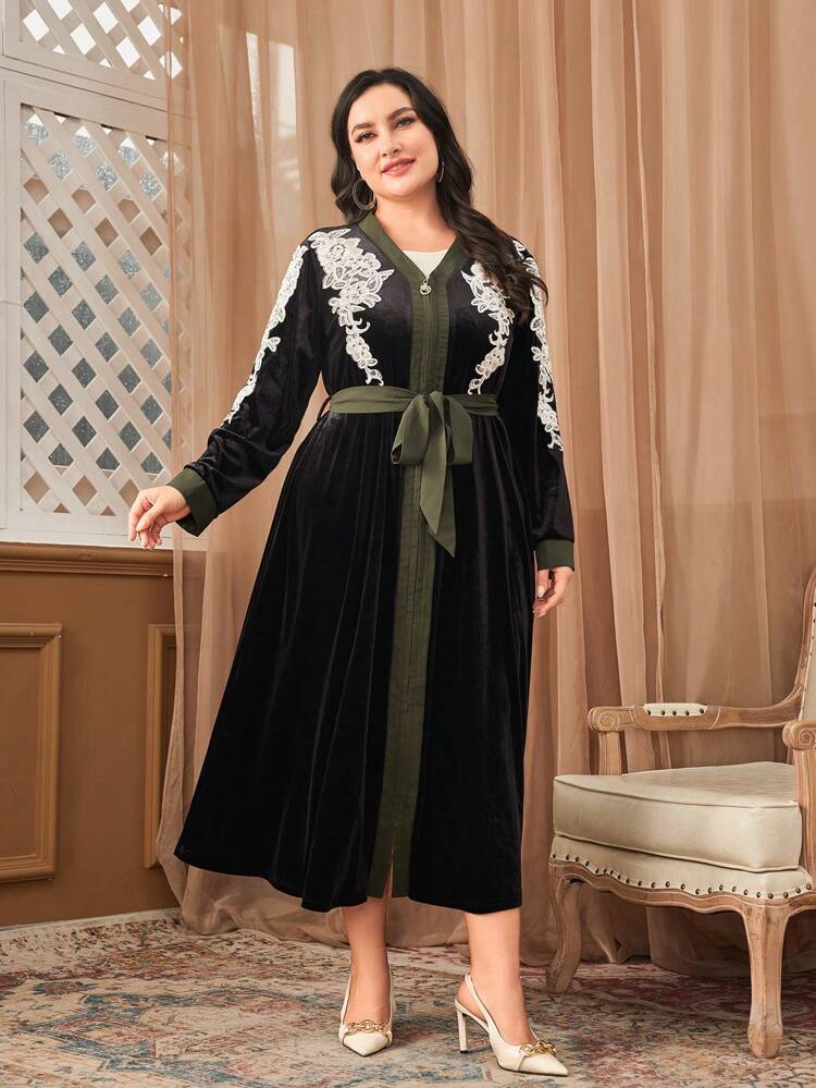 Plus Floral Embroidery Belted Velvet Dress Kaftan Jalabiya Dress