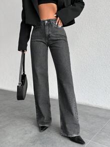 EURMUSE High Waist Straight Leg Jeans - Grey - View 3