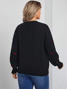 SHEIN Frenchy Women's Plus Size Heart Embroidery V-neck Drop Shoulder Sweater - Black - View 2