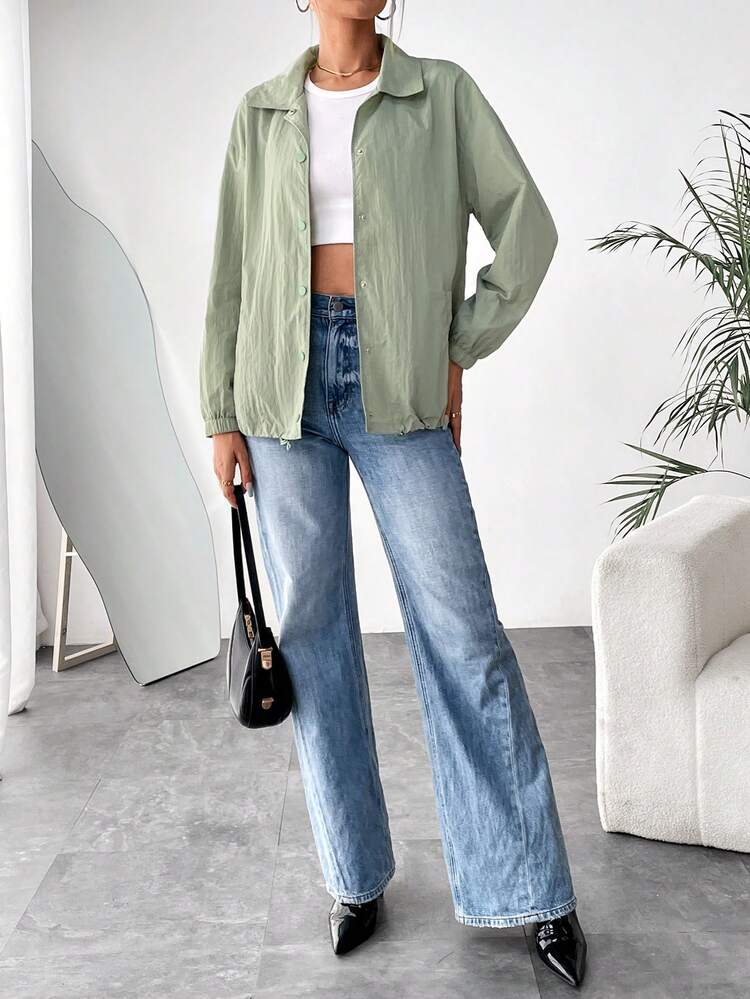 Drop Shoulder Drawstring Hem Snap Button Front Coat