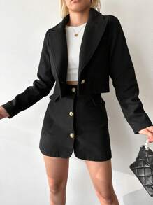 SHEIN Cottnline 尖領剪裁長袖修身西裝外套,單排扣迷你裙女裝套裝 - 黑色 - 查看 6