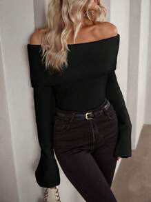 SoleilVie 露肩翻领罗纹针织毛衣、长袖上衣