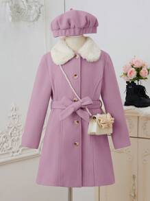 SHEIN Tween Girl Borg Collar Belted Overcoat & Hat Without Bag - Dusty Purple - View 1