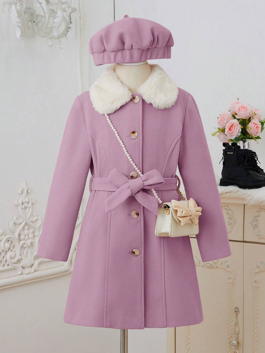 SHEIN Tween Girl Borg Collar Belted Overcoat & Hat Without Bag - Dusty Purple - View 1