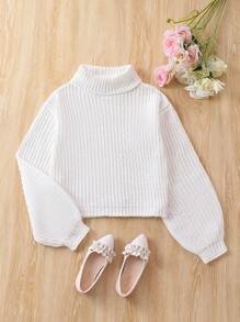 青少年女孩高領燈籠袖條紋針織套頭毛衣 - 白色 - 查看 1