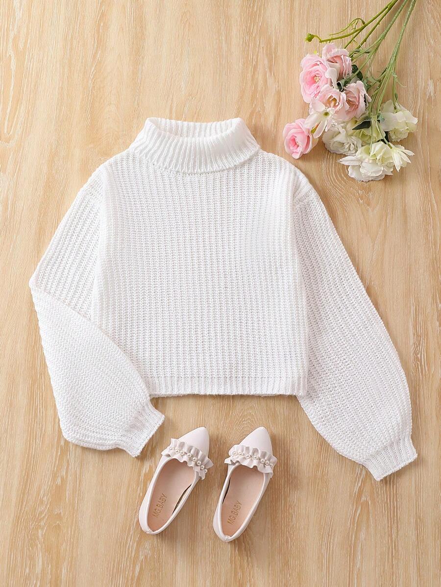 青少年女孩高領燈籠袖條紋針織套頭毛衣 - 白色 - 查看 1