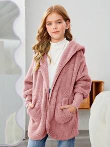 SHEIN 單色通勤帽裝開衫連帽偏軟夾克,適用於青春期女孩,秋冬 - 淺粉色 - 查看 4