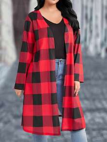 SHEIN LUNE Plus Buffalo Plaid Print Open Front Coat - Multicolor - View 6