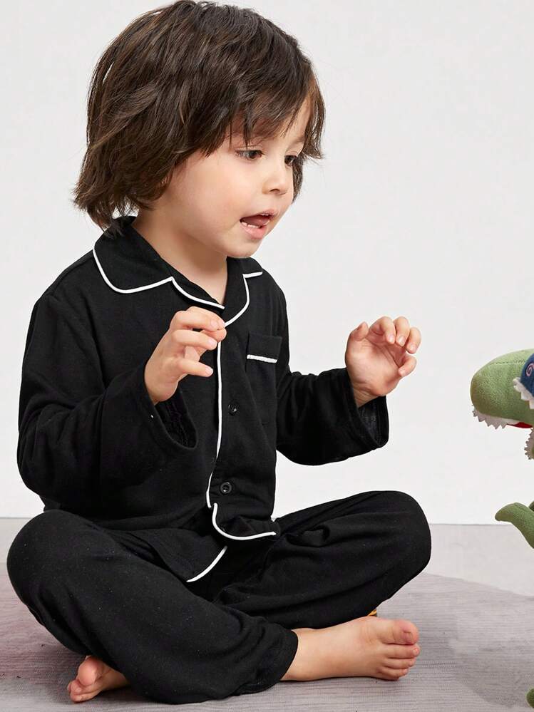SHEIN Young Boy Patched Pocket Contrast Piping Lounge Set - Black - View 1