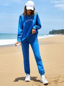 EURMUSE Letter Graphic Drop Shoulder Sweatshirt & Sweatpants - Royal Blue - View 1