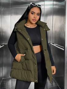 SHEIN EZwear Plus Zip Up Snap Button Hooded Vest Coat, Winter - Army Green - View 6