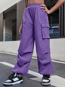 SHEIN 十幾歲女孩休閒實色斜紋運動褲，帶束口褶邊踝和帶蓋口口袋 - 紫色 - 查看 6