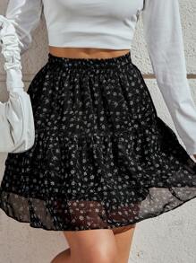 EURMUSE Women's Ditsy Floral Elastic Waist Ruffle Hem Fashionable A-Line Skirt