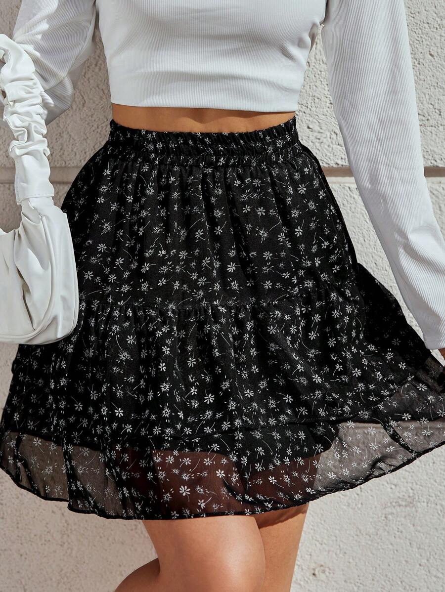 EURMUSE Women's Ditsy Floral Elastic Waist Ruffle Hem Fashionable A-Line Skirt