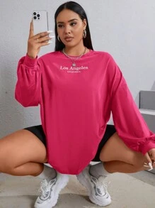 SHEIN EZwear Hơn Thêu Chữ Áo thun Thả vai - Màu Hồng Tươi - Xem 1