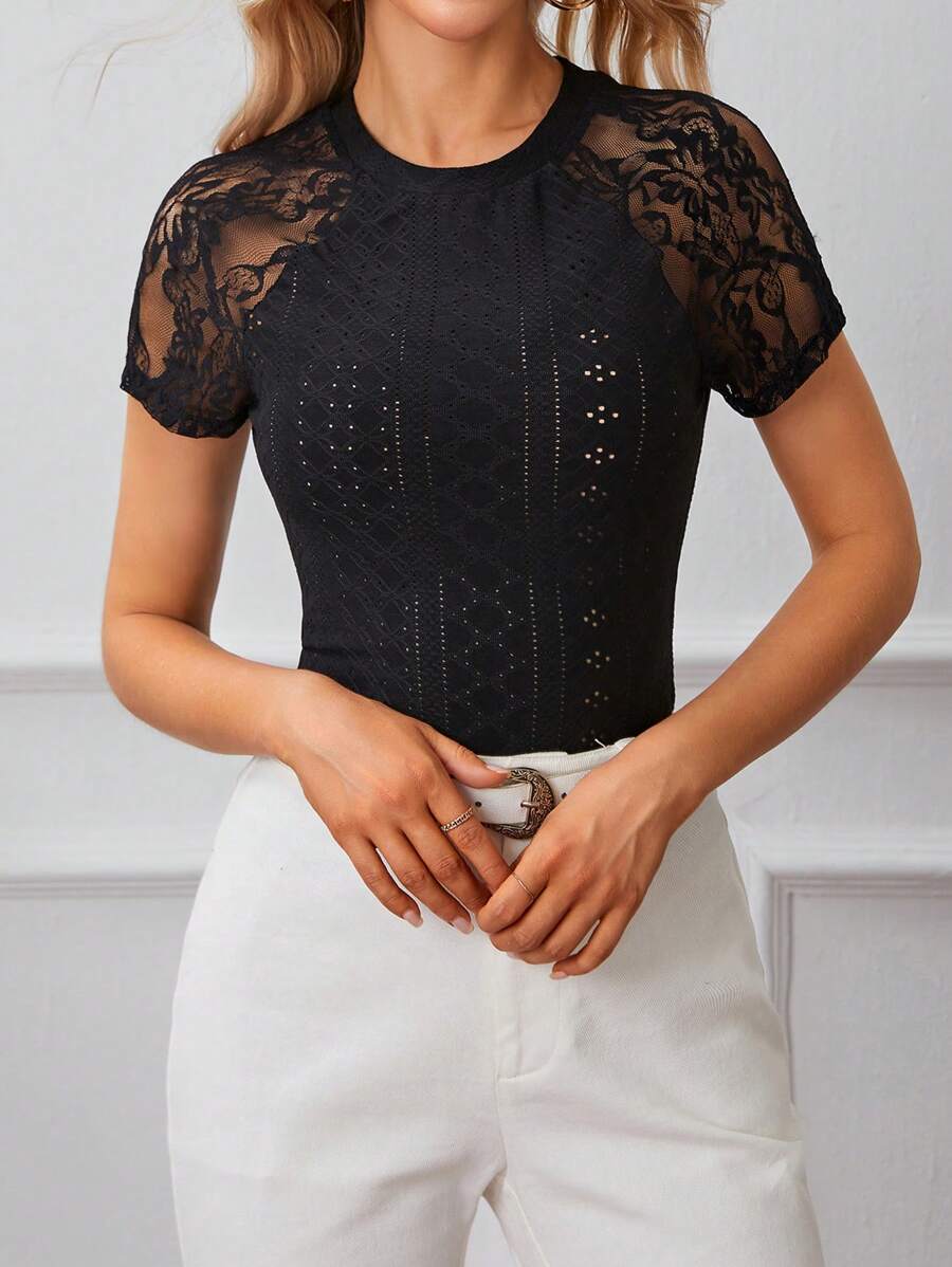 SHEIN Frenchy Contrast Lace Raglan Sleeve Eyelet Embroidery Raglan Sleeve Tee Black Summer Casual - Black - View 1