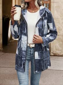 SHEIN LUNE 色塊拼接圖案拉鏈開襟連帽外套 - 藍色 - 查看 4