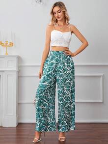 SHEIN Frenchy Bản in nhiệt đới Cao eo Quần ống rộng - màu xanh lá - Xem 5