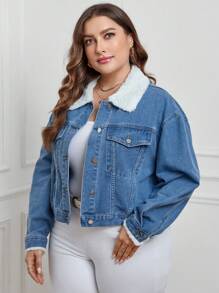 SHEIN LUNE Giáng sinh Trắng áo Kích thước lớn Áo khoác denim - Rửa trung bình - Xem 5