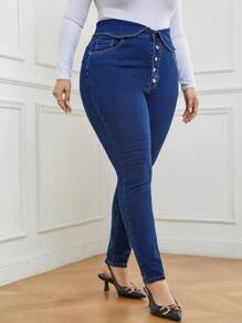SHEIN Privé Hơn Nút Bay Gập eo Quần jean ôm - Rửa tối - Xem 3